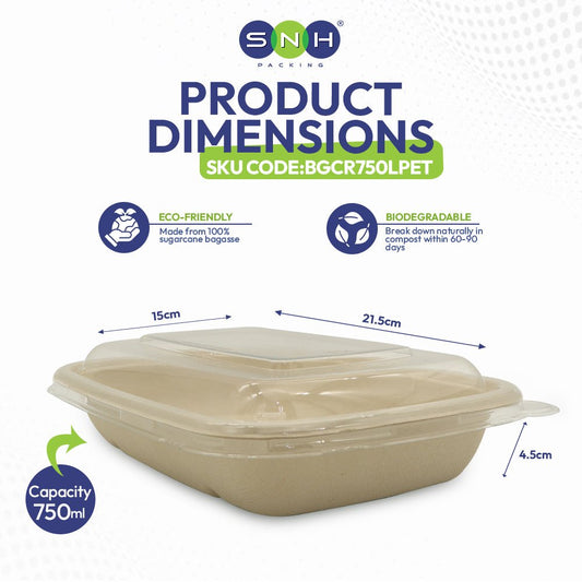 Bagasse Rectangular Containers with Lids 750ml to 1400ml - SNH Packing