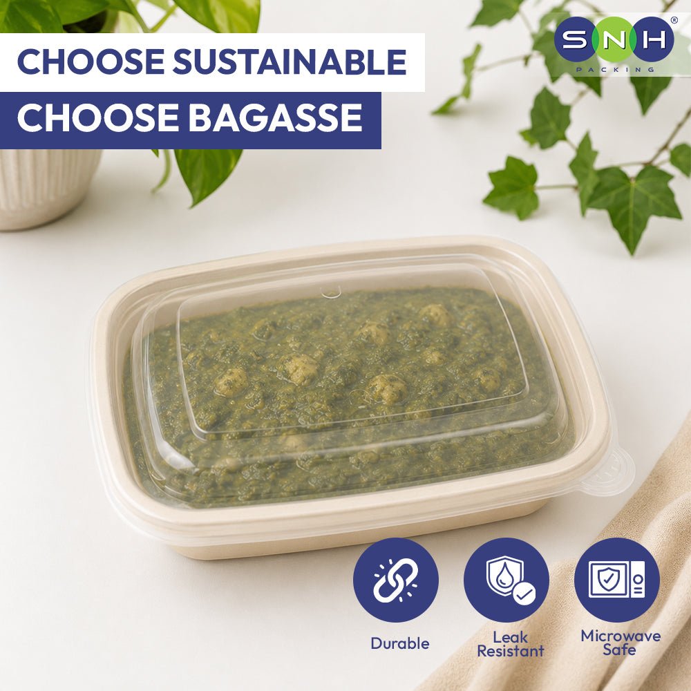 Bagasse Rectangular Containers with Lids 750ml to 1400ml - SNH Packing