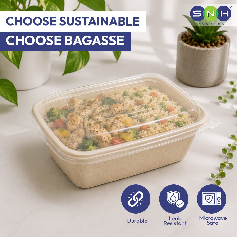 Bagasse Rectangular Containers with Lids 750ml to 1400ml - SNH Packing