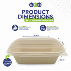 Bagasse Rectangular Containers with Lids 750ml to 1400ml - SNH Packing