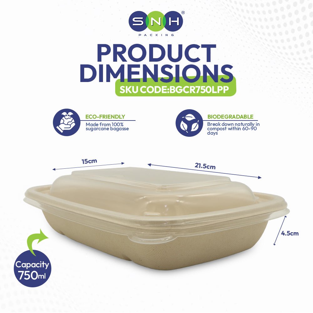 Bagasse Rectangular Containers with Lids 750ml to 1400ml - SNH Packing