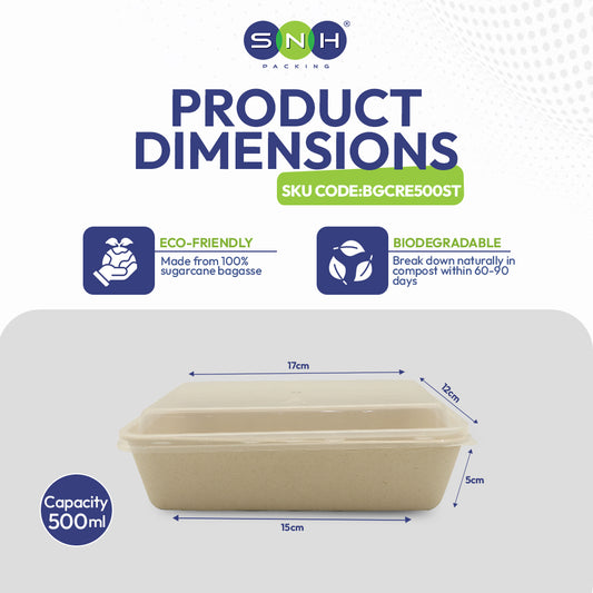 Product dimensions of a biodegradable container with SNH branding and eco-friendly features.