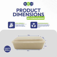 Product dimensions of a biodegradable container with SNH branding and eco-friendly features.