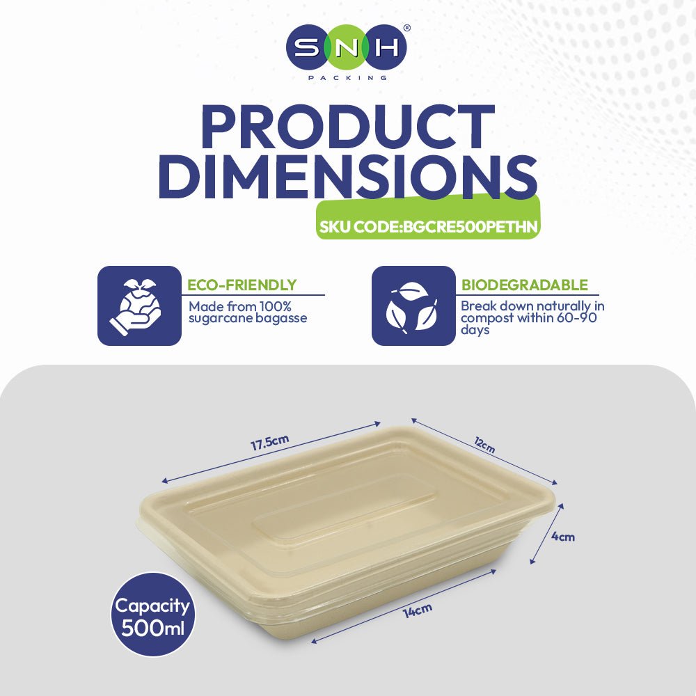 Bagasse Rectangular Food Containers UAE - With PET Lid - SNH Packing