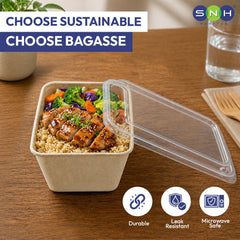 Bagasse Rectangular Food Containers with PP Lid 500ml 950ml - SNH Packing