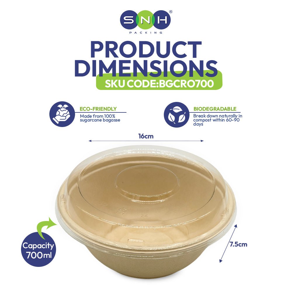 Bagasse Round Bowls with PET Lids 550ml 700ml 1000ml - SNH Packing