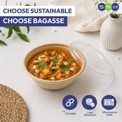 Bagasse Round Bowls with PET Lids 550ml 700ml 1000ml - SNH Packing