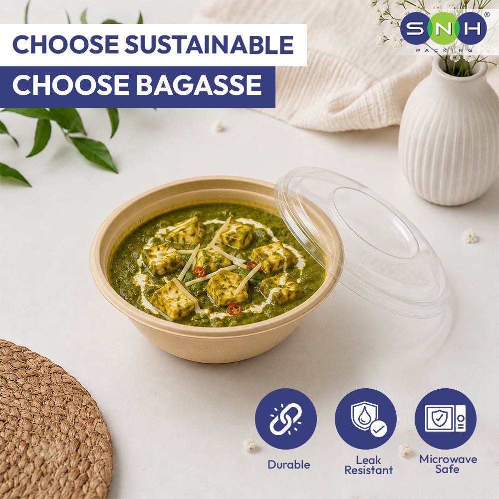 Bagasse Round Bowls with PET Lids 550ml 700ml 1000ml - SNH Packing