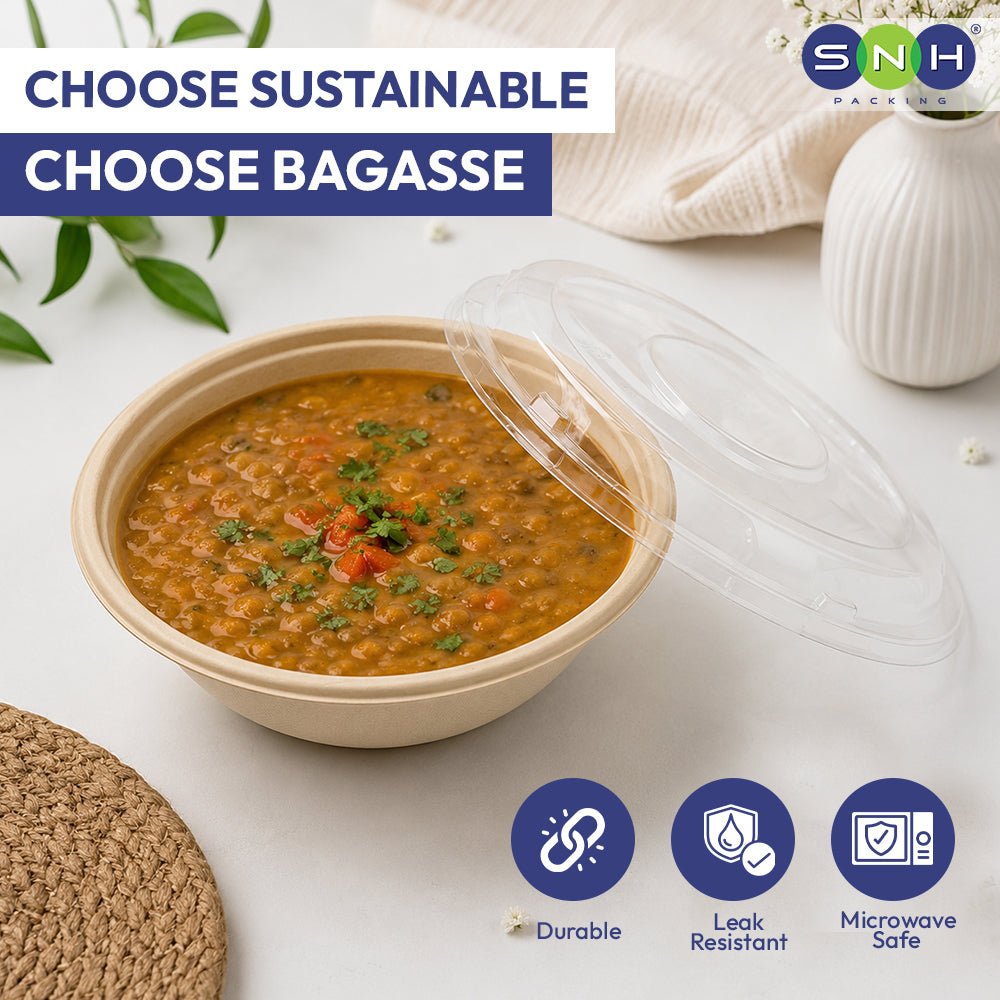 Bagasse Round Bowls with PET Lids 550ml 700ml 1000ml - SNH Packing