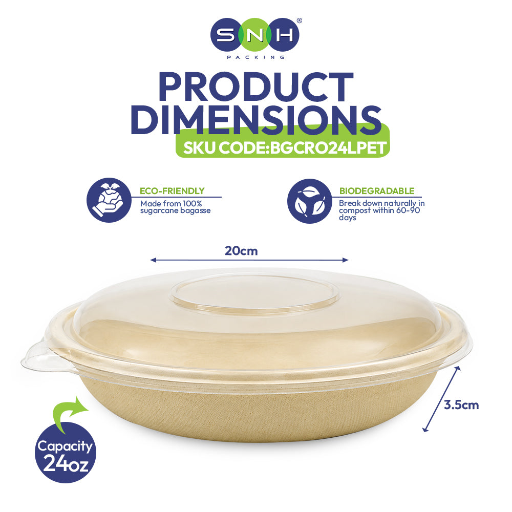 Bagasse Round Containers with PET and PP Lids 12oz to 40oz