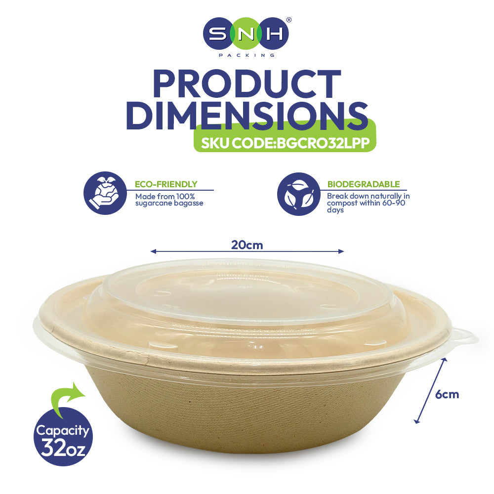 Biodegradable bowl with lid and product dimensions 