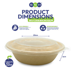 Biodegradable bowl with lid and product dimensions 