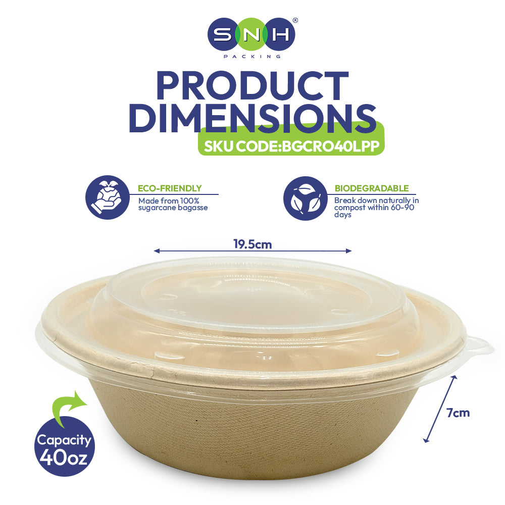 Biodegradable container with dimensions and eco-friendly labels
