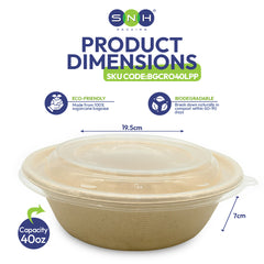 Biodegradable container with dimensions and eco-friendly labels