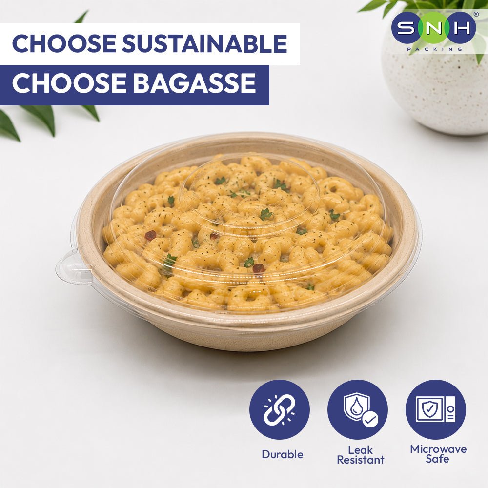 Bagasse Round Containers with PET PP Lids 12oz to 40oz - SNH Packing