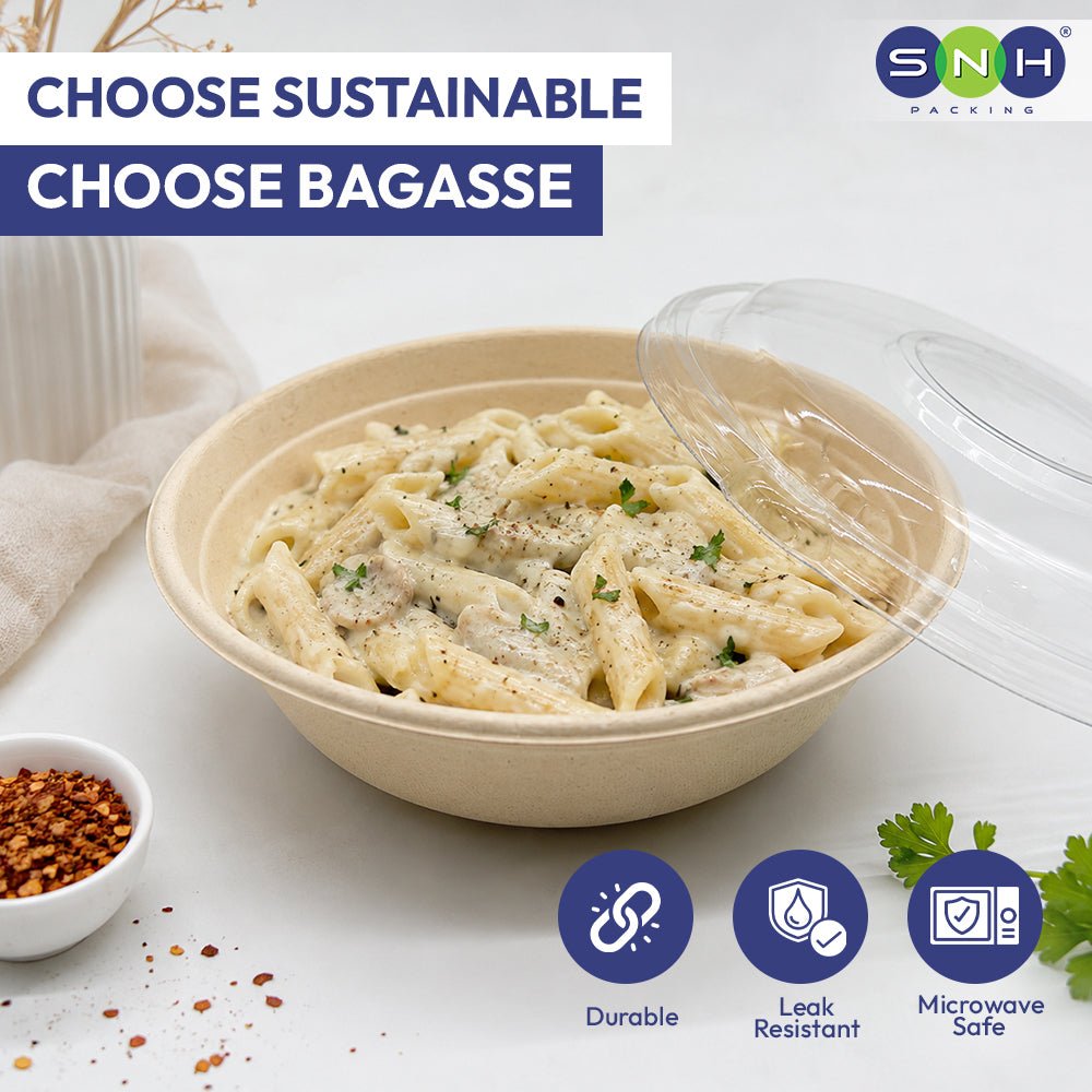 Bagasse Round Containers with PET PP Lids 12oz to 40oz - SNH Packing