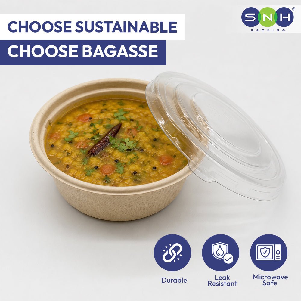 Bagasse Round Containers with PET PP Lids 12oz to 40oz - SNH Packing