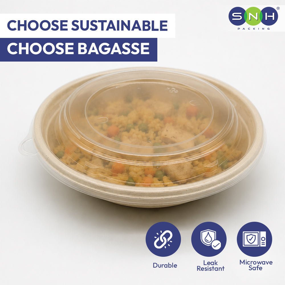 Bagasse Round Containers with PET PP Lids 12oz to 40oz - SNH Packing