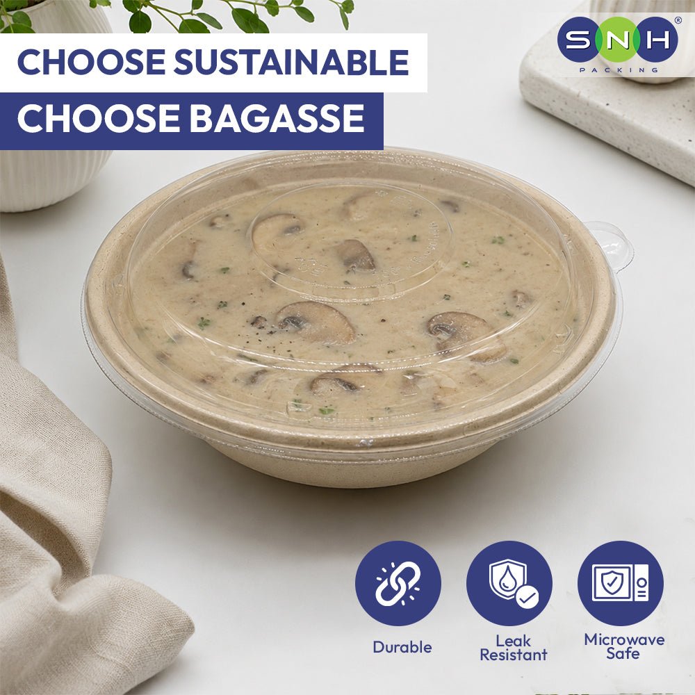 Bagasse Round Containers with PET PP Lids 12oz to 40oz - SNH Packing