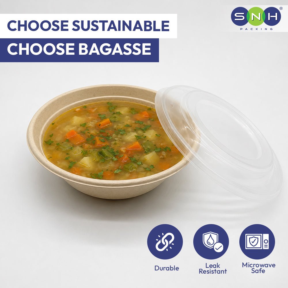 Bagasse Round Containers with PET PP Lids 12oz to 40oz - SNH Packing