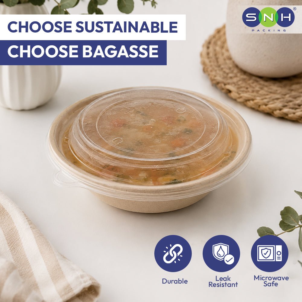 Bagasse Round Containers with PET PP Lids 12oz to 40oz - SNH Packing