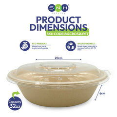 Bagasse Round Containers with PET PP Lids 12oz to 40oz - SNH Packing