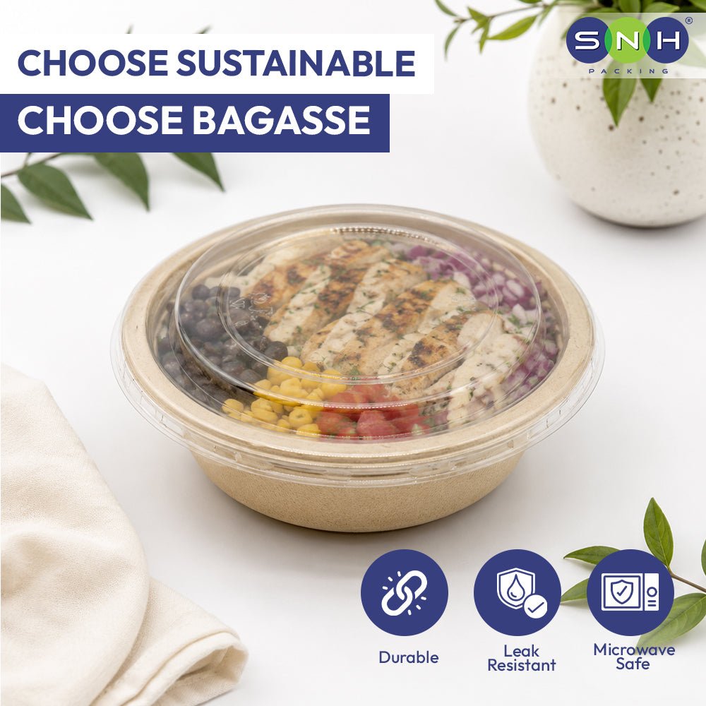 Bagasse Round Containers with PET PP Lids 12oz to 40oz - SNH Packing