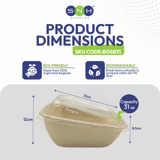 Bagasse Slope Container 1000ml with PET Lid – 300 Pieces | Wholesale Takeaway Food Container UAE - SNH Packing