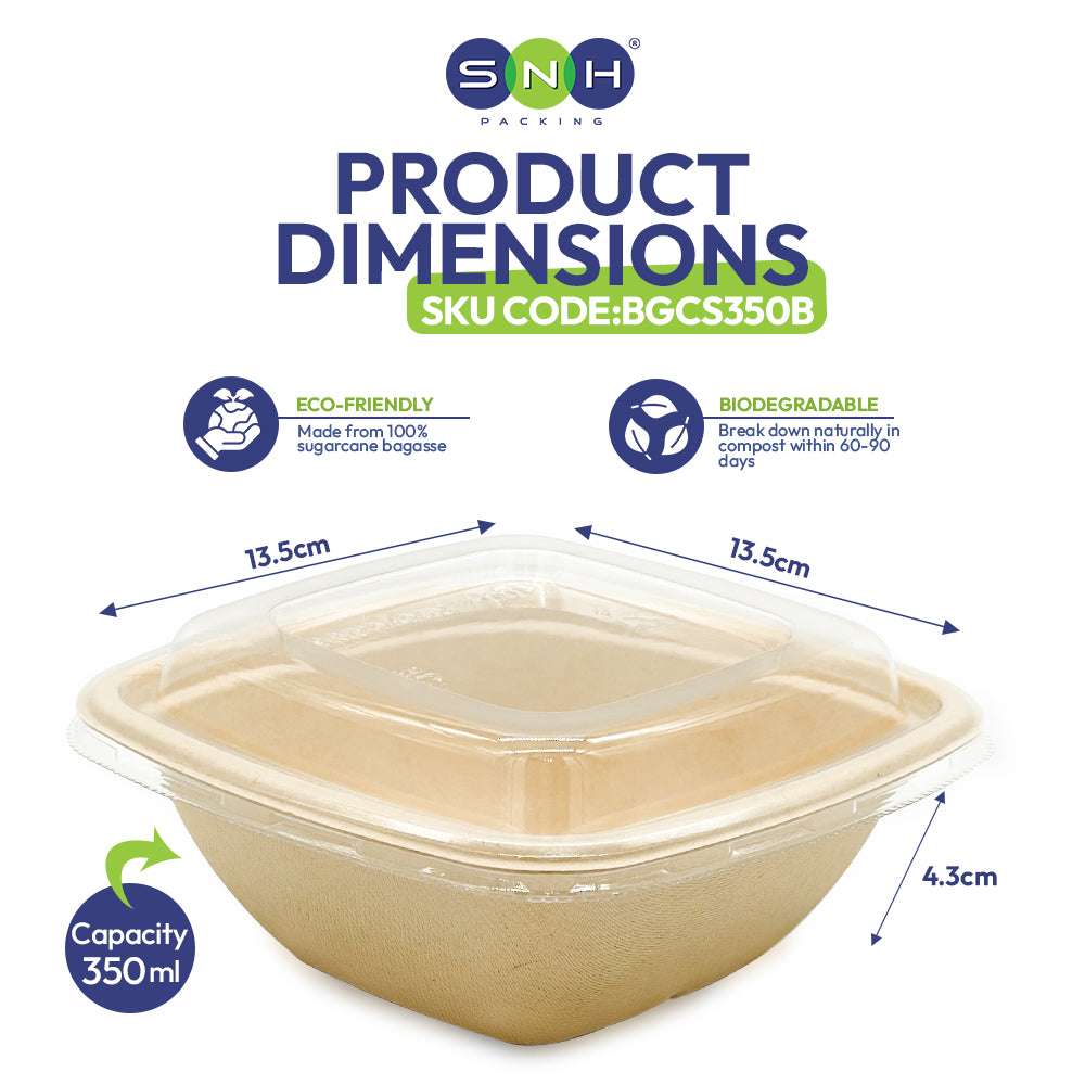 Eco-friendly food container with dimensions and SNH branding on a white background