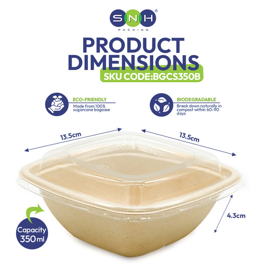 Eco-friendly food container with dimensions and SNH branding on a white background