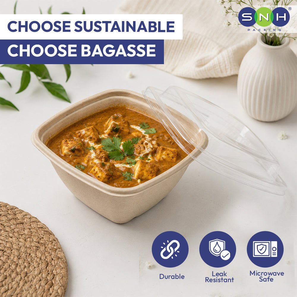 Bagasse Square Bowl Containers with PET Lid 350ML 500ML - SNH Packing