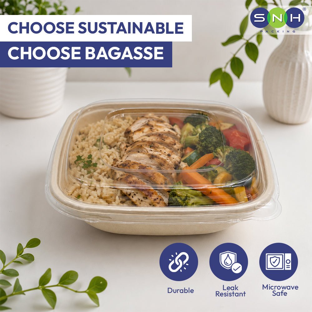 Bagasse Square Containers with PET & PP Lids | Eco Friendly Takeaway Boxes - SNH Packing