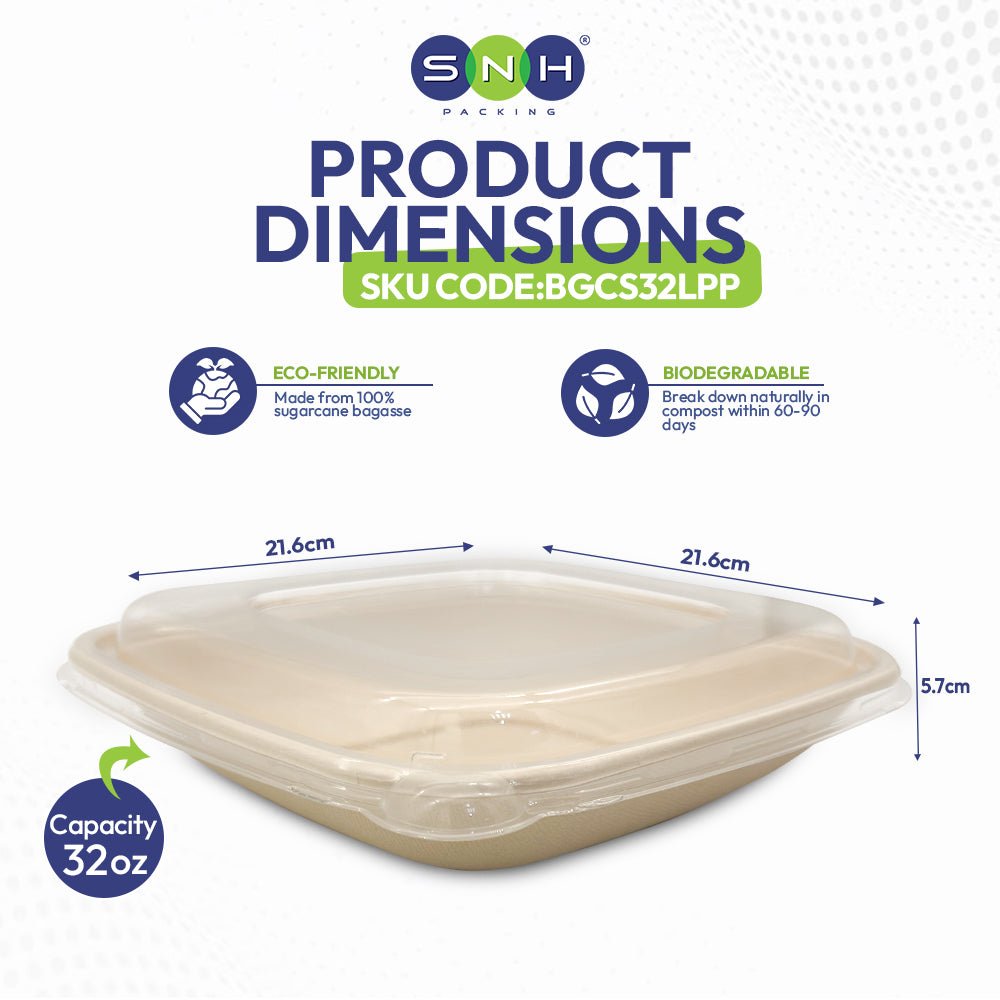 Bagasse Square Containers with PET & PP Lids | Eco Friendly Takeaway Boxes - SNH Packing