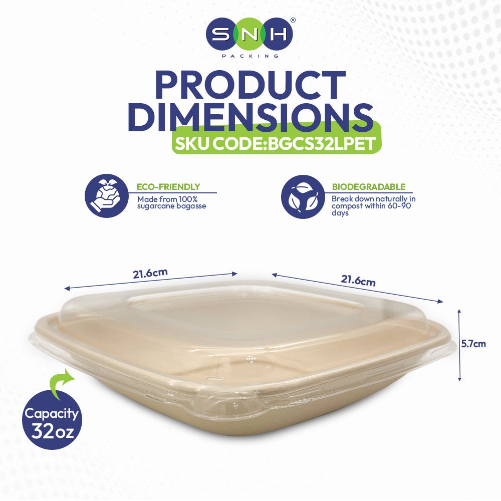 Bagasse Square Containers with PET & PP Lids | Eco Friendly Takeaway Boxes - SNH Packing