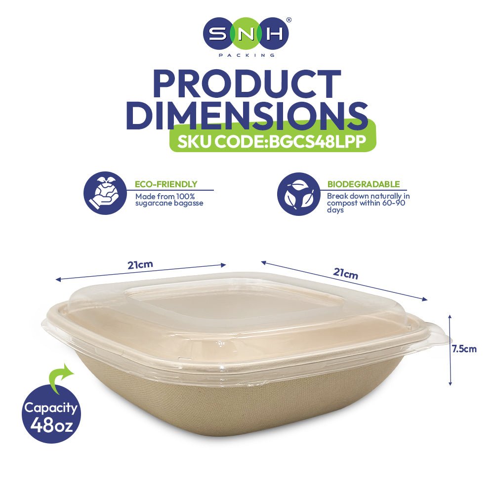 Bagasse Square Containers with PET & PP Lids | Eco Friendly Takeaway Boxes - SNH Packing