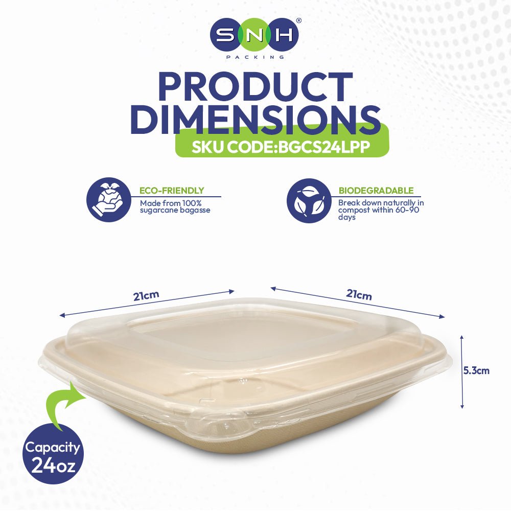 Bagasse Square Containers with PET & PP Lids | Eco Friendly Takeaway Boxes - SNH Packing