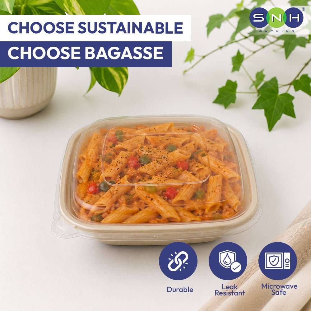 Bagasse Square Containers with PET & PP Lids | Eco Friendly Takeaway Boxes - SNH Packing