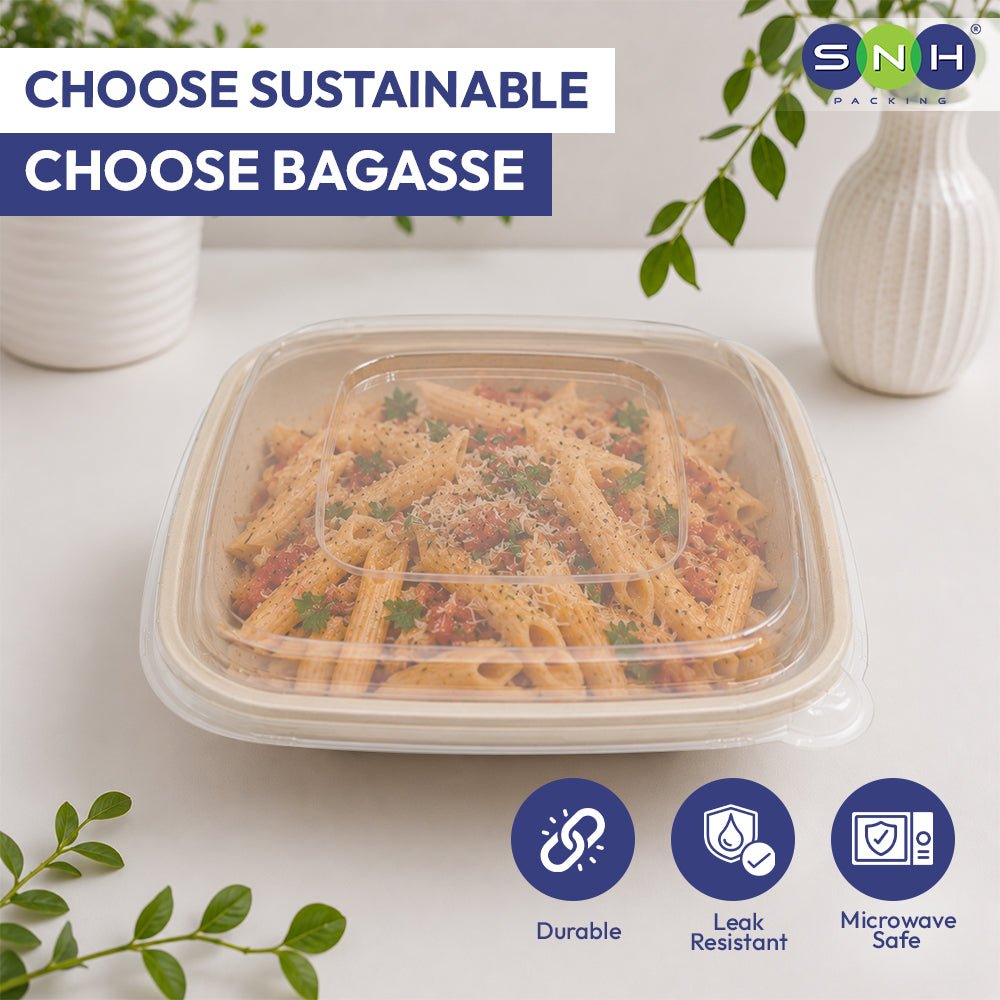 Bagasse Square Containers with PET & PP Lids | Eco Friendly Takeaway Boxes - SNH Packing