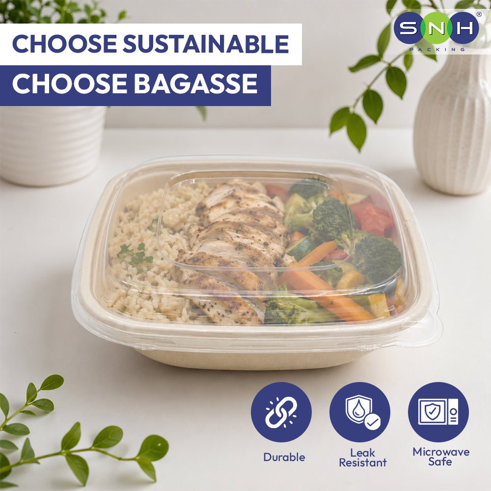Bagasse Square Containers with PET & PP Lids | Eco Friendly Takeaway Boxes - SNH Packing