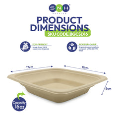 Product dimensions of a biodegradable container with SNH branding and eco-friendly features.