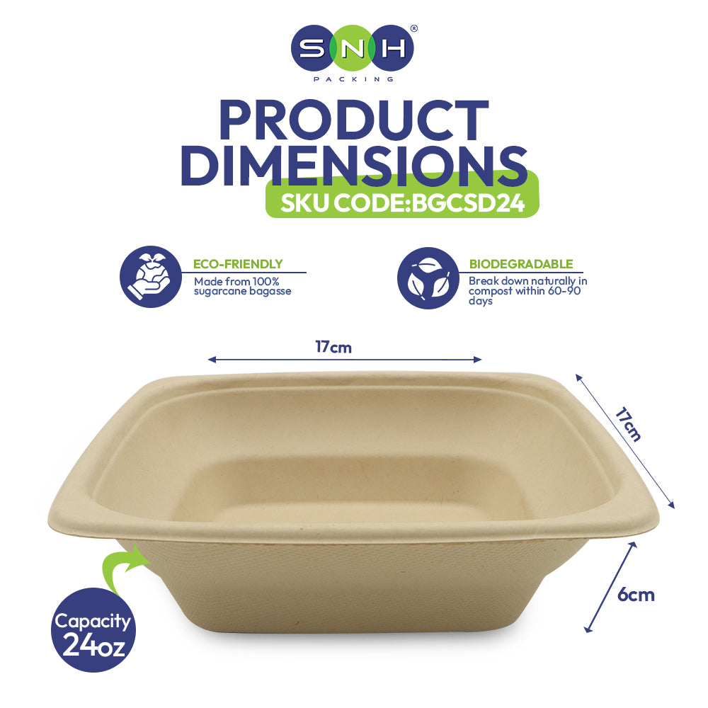 Beige biodegradable container with dimensions and eco-friendly labels on a white background