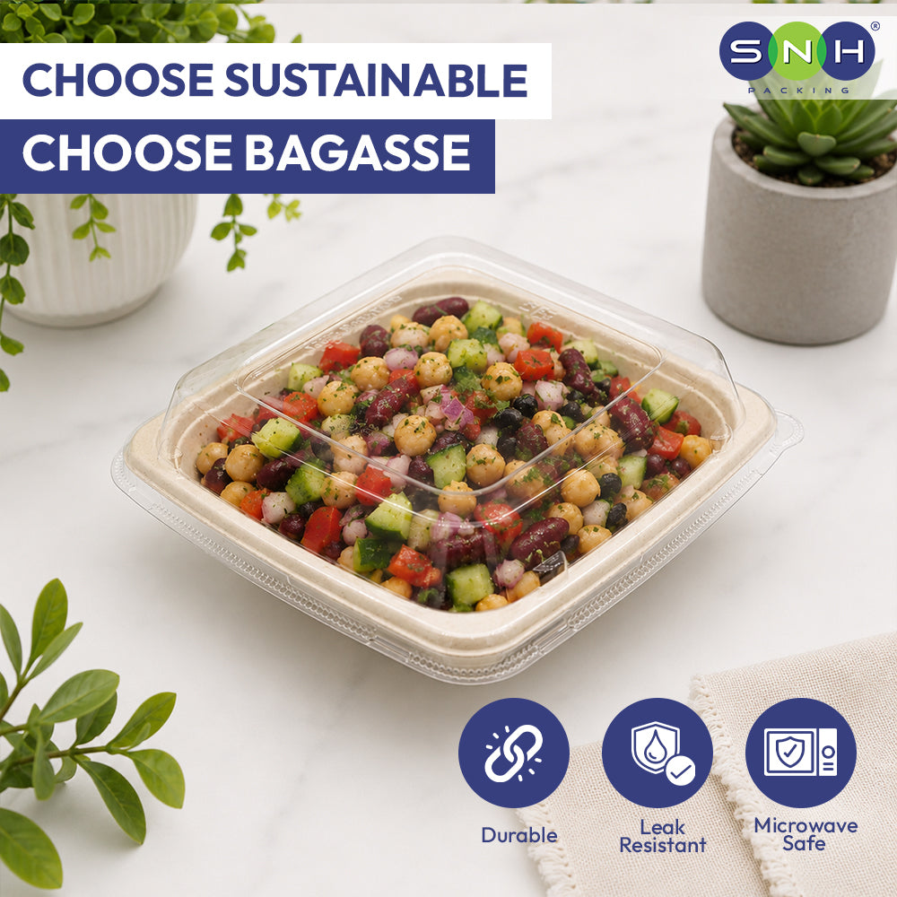 Plastic container with salad on a white surface with 'Sustainable' text and SNH logo.