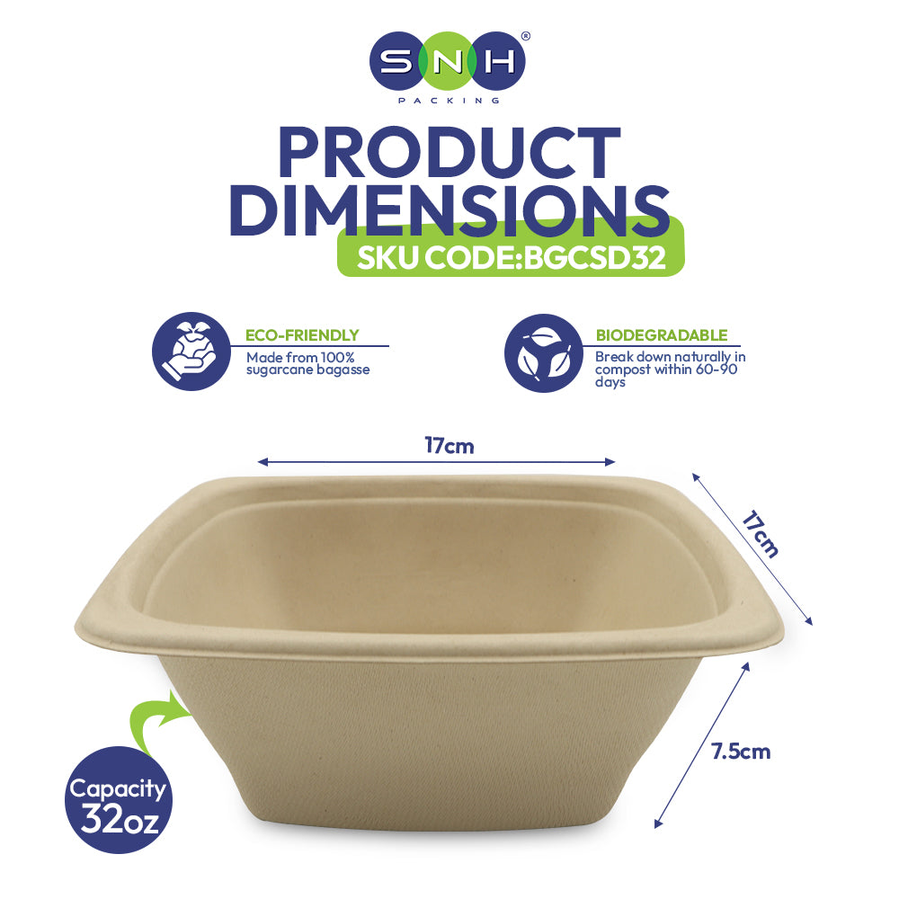 Beige compostable container with dimensions and eco-friendly certification on a white background