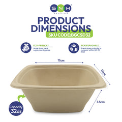 Beige compostable container with dimensions and eco-friendly certification on a white background
