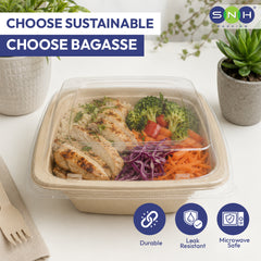 Sustainable food container with a meal and 'Choose Sustainable, Choose Bagasse' text.