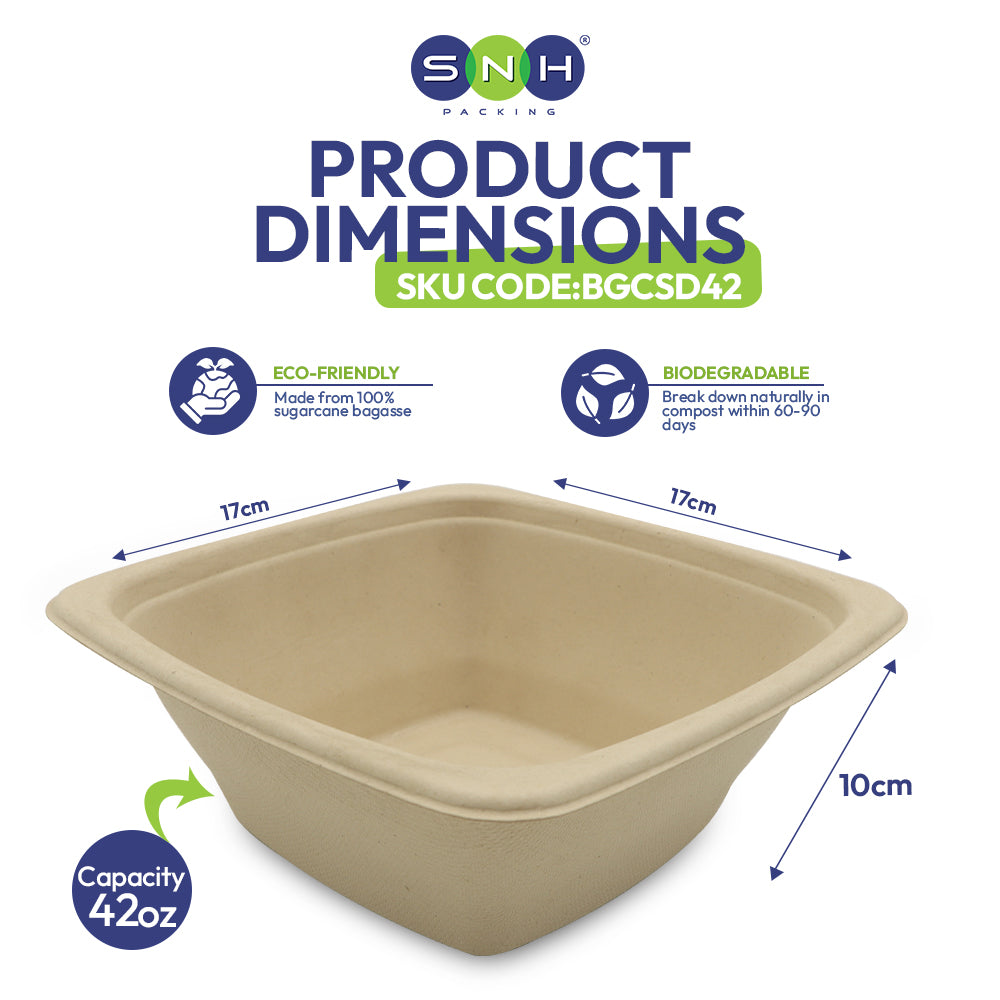 Beige compostable container with dimensions and eco-friendly features on a white background