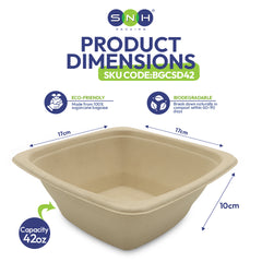 Beige compostable container with dimensions and eco-friendly features on a white background