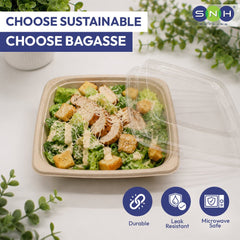 Bagasse Square Deep Containers with PET Lids 16oz to 42oz - SNH Packing