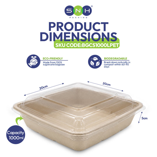 Biodegradable food container with dimensions and eco-friendly features on a white background