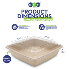 Biodegradable food container with dimensions and eco-friendly features on a white background